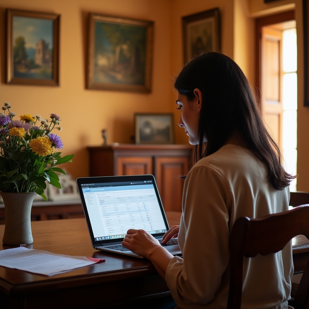 Gestore di B&B al lavoro con laptop e documenti su scrivania di ufficio