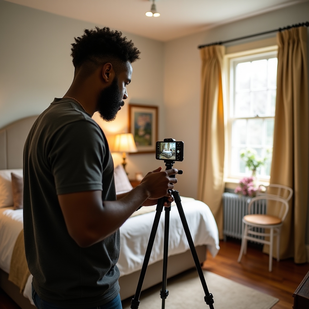 Setup fotografico per interni di camera B&B con luce naturale e composizione curata